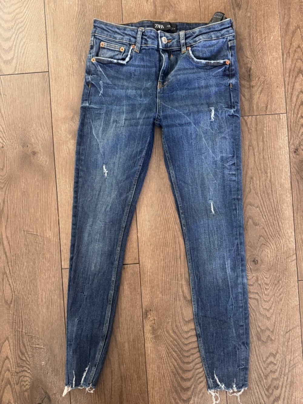Zara Dark Blue Distressed Skinny Jeans, Size US 4